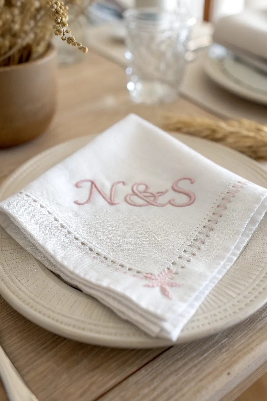 Add a personal touch with beautifully embroidered initials on your tableware.
