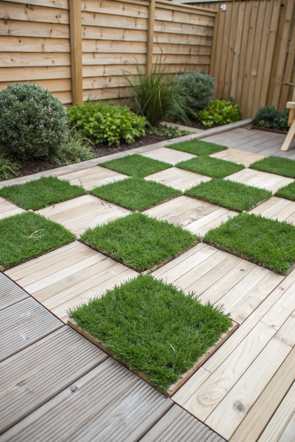 Elevate your garden with a chic checkerboard design combining decking and artificial grass for a stunning, modern twist.