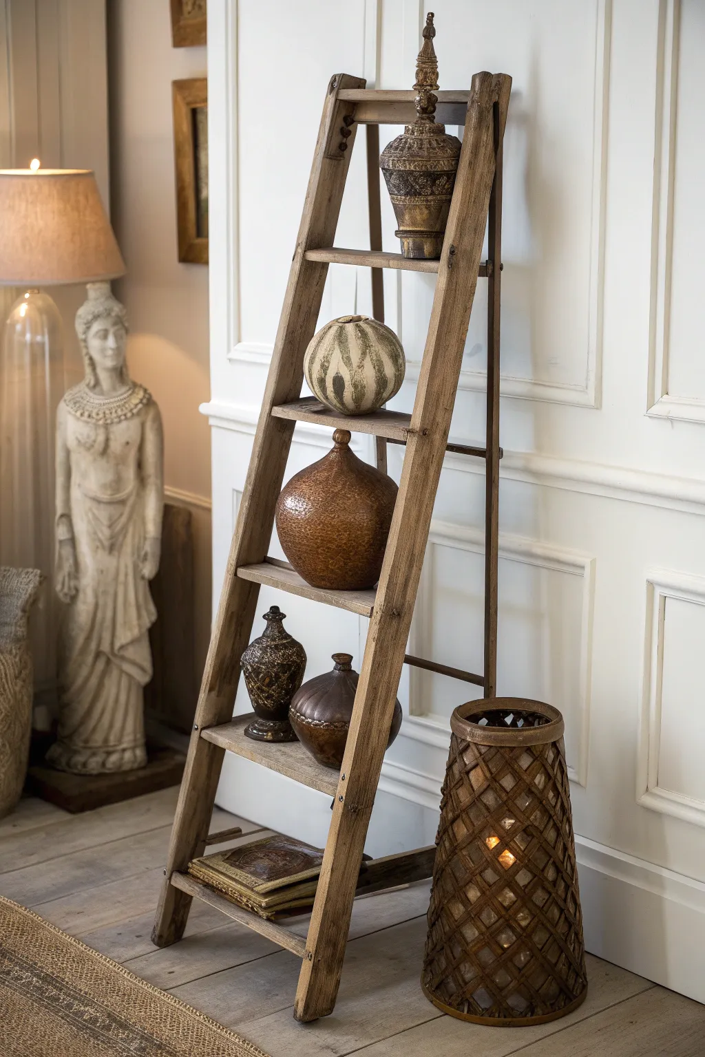 Elevate your artistic collection with a ladder display that marries craftsmanship and creativity.