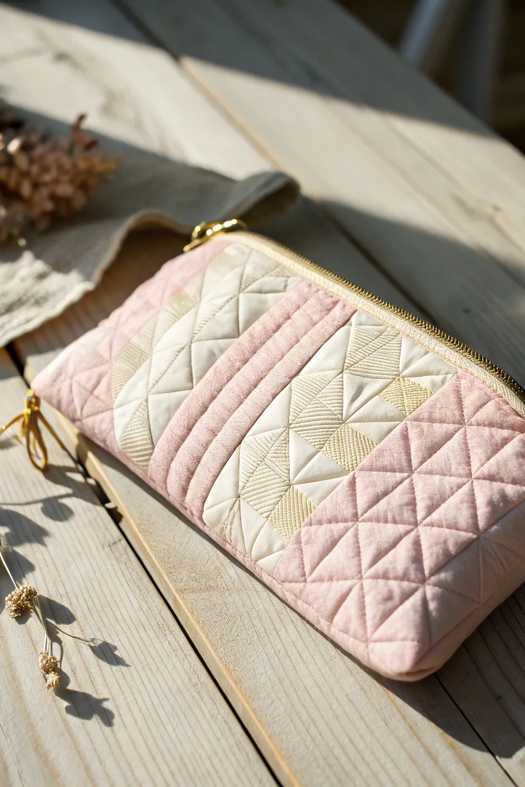 Embrace the art of quilting with this charming zipper pouch, where simplicity meets elegance.