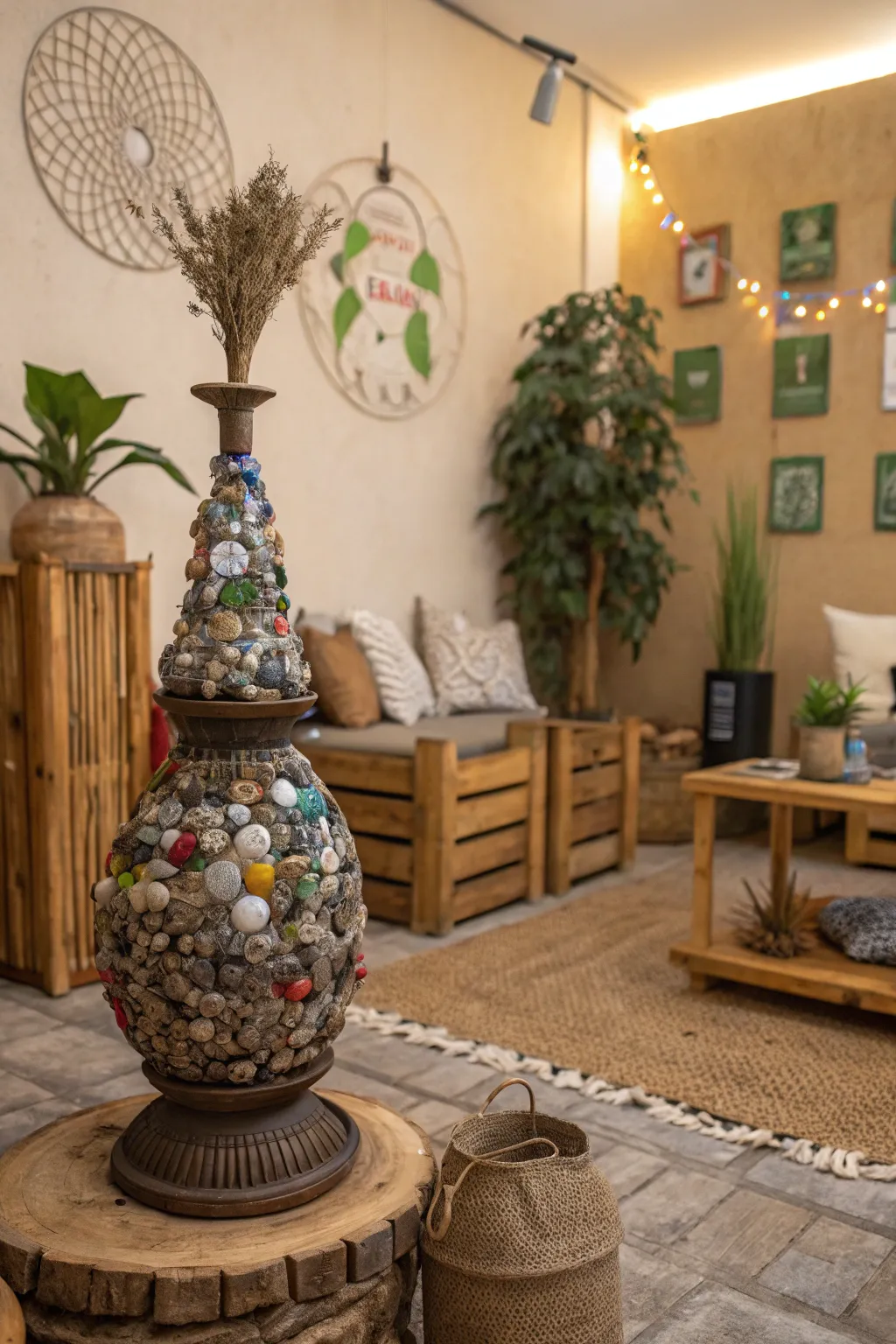 A recycled material sculpture complements an eco-friendly space.
