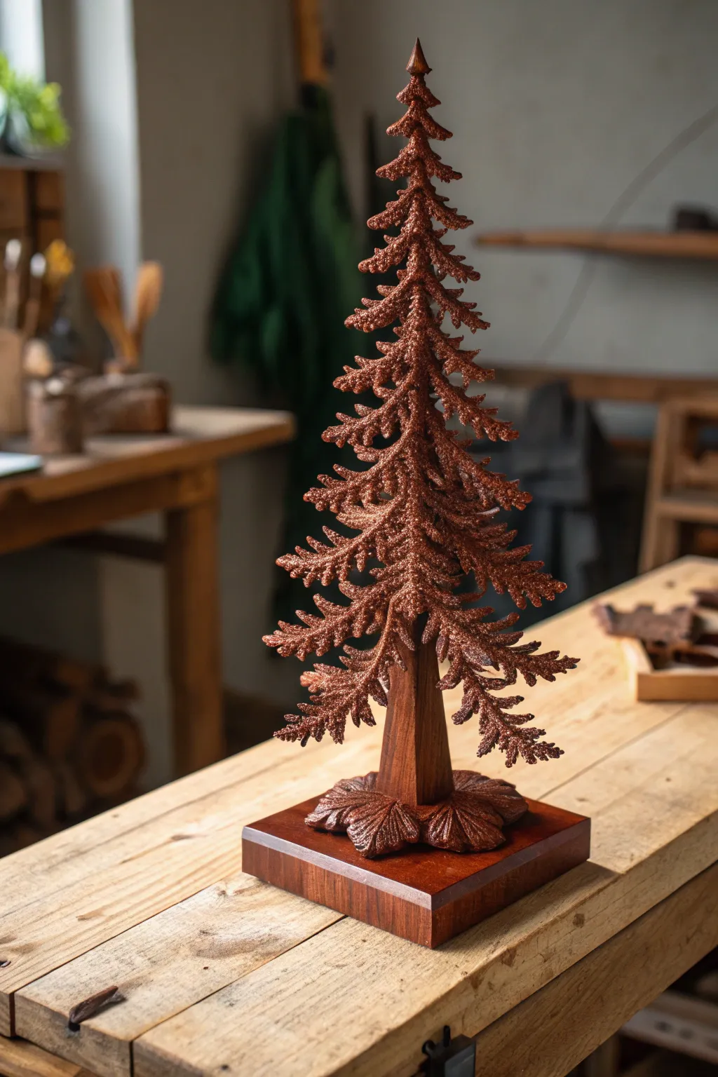 Craftsmanship in miniature: A delicately carved wooden pine tree, perfect for festive decor.