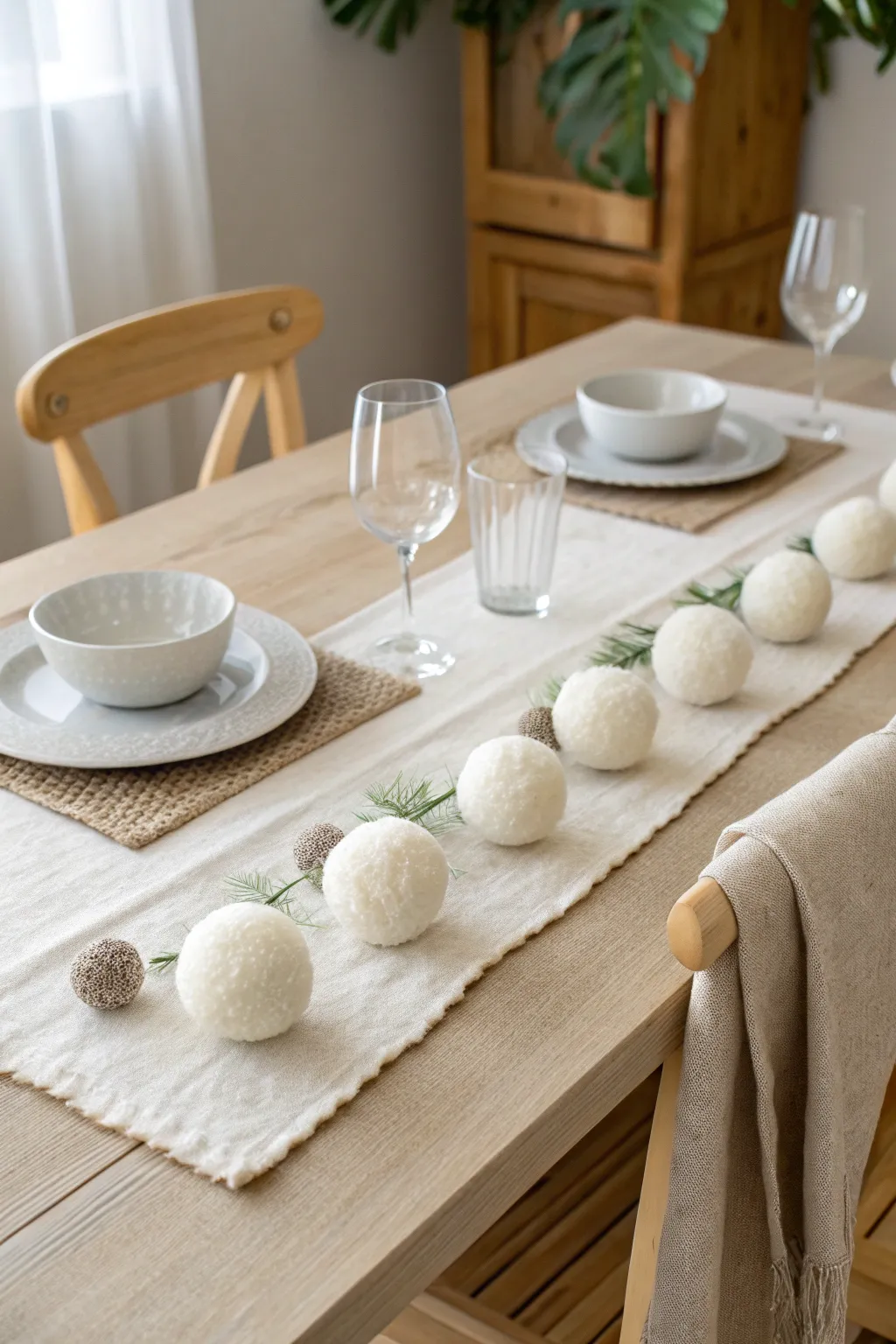 Elevate your winter gatherings with a handcrafted snowball table runner, where simplicity meets festive charm.