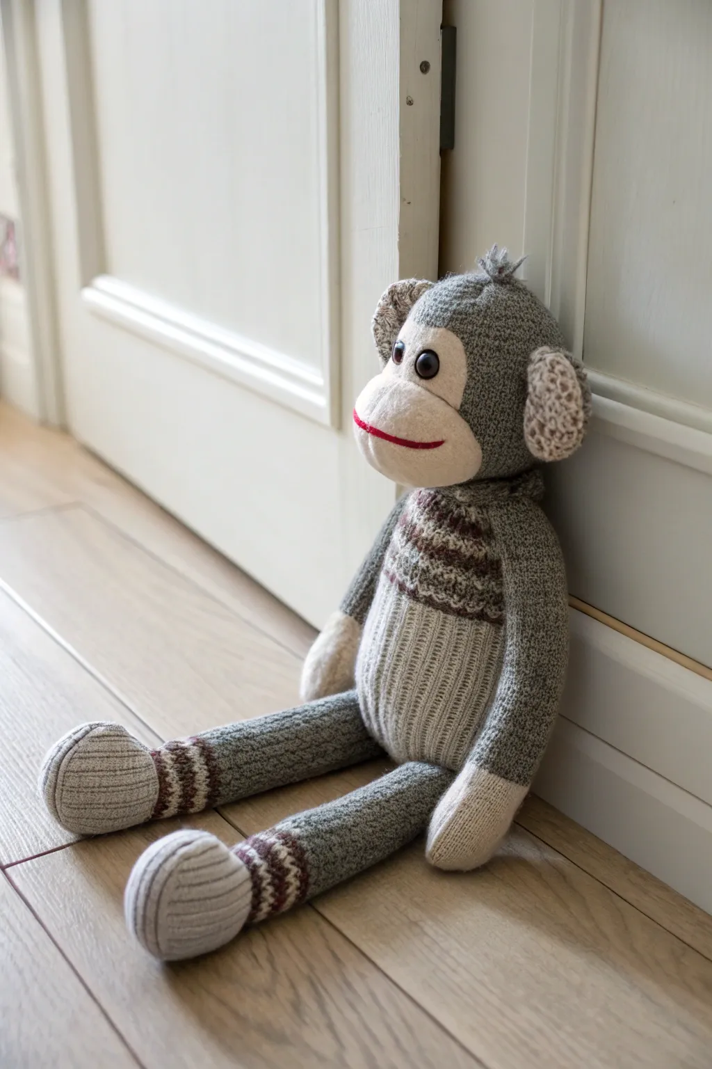 Add a touch of whimsy and function to your home with a handcrafted sock monkey door stopper, where Scandinavian simplicity meets Boho charm.