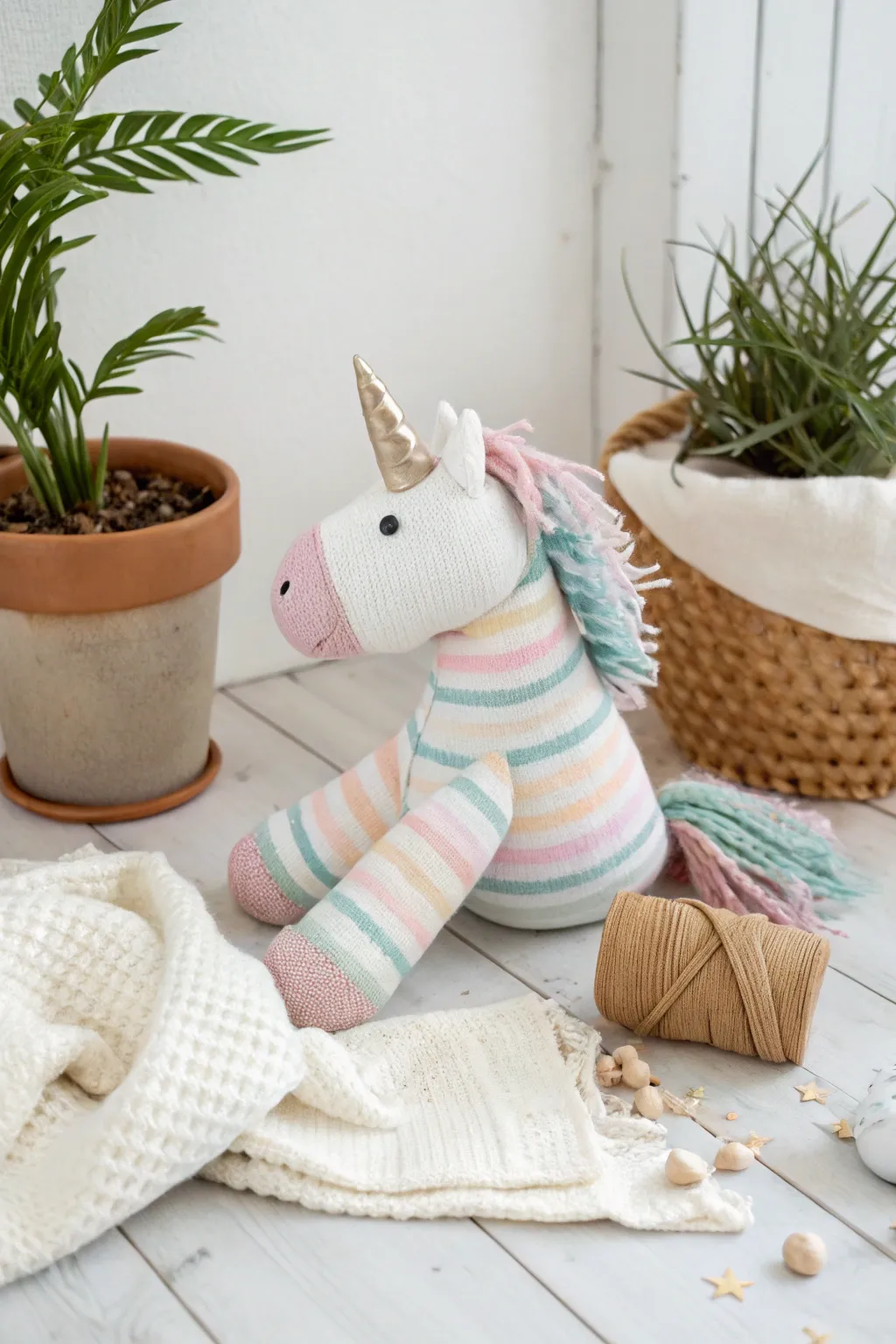 Embrace the magic of minimalism with this adorable sock unicorn, where Scandinavian simplicity meets whimsical charm.