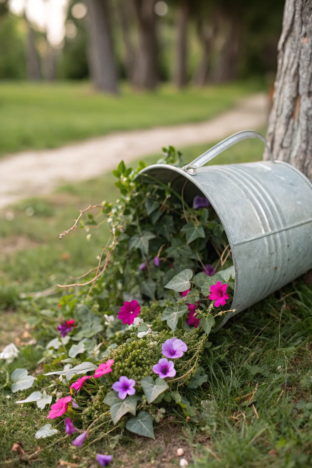 Embrace rustic elegance with a galvanized bucket spill—where vintage charm meets natural beauty.