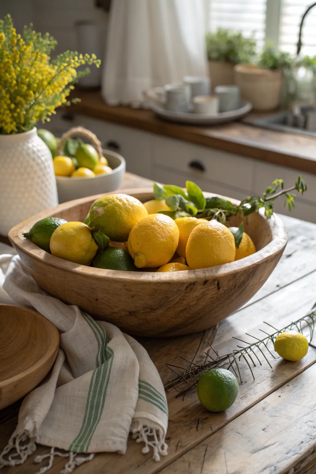 Brighten your kitchen with a fresh fruit display that's both decorative and delicious. 🍋🍈 #FarmhouseCharm #FreshDecor