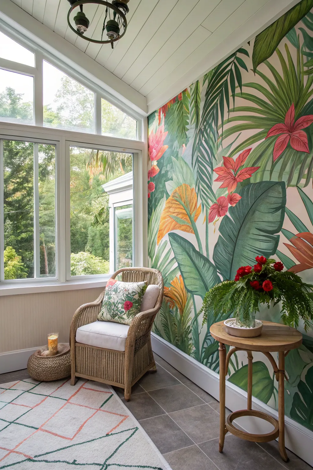 A cozy sunroom with a tropical mural featuring palm leaves.