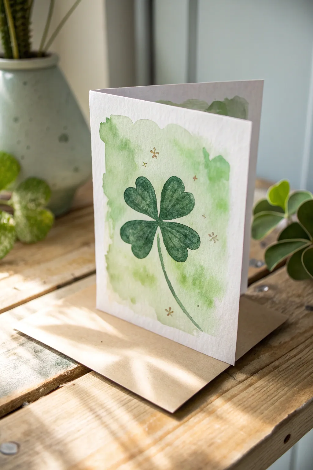 Embrace the serene beauty of green with a handcrafted watercolor card, perfect for St Patrick's Day.