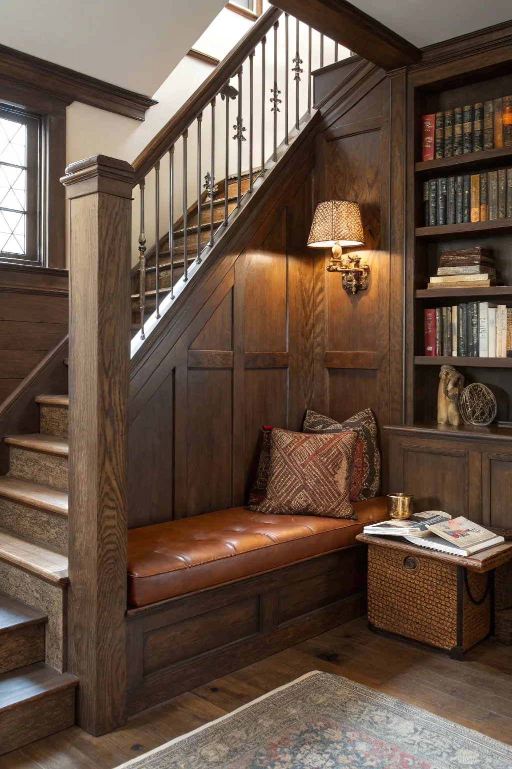 Transform your staircase into a cozy retreat with this elegant under-stair nook.