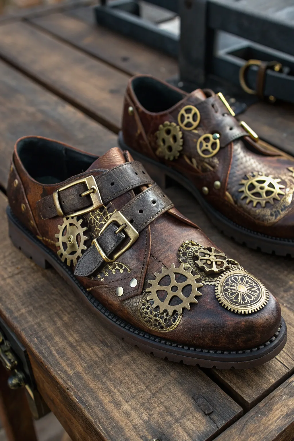Step into the world of steampunk with these uniquely crafted shoes, where vintage charm meets industrial elegance.