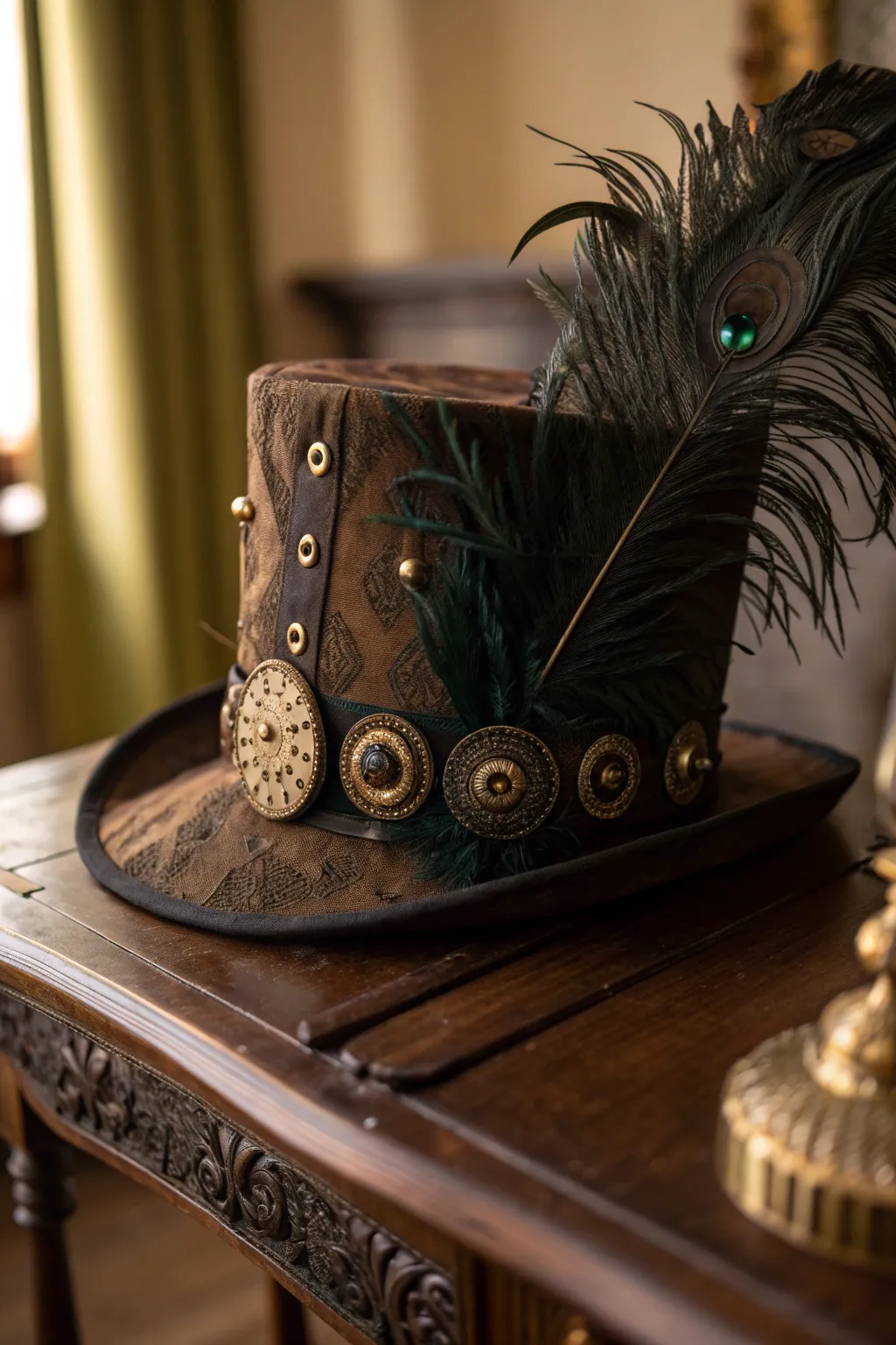 Embark on a steampunk adventure with this exquisitely crafted theatrical top hat.