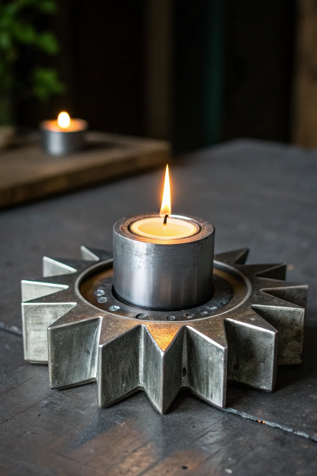 Illuminate with an edge: industrial elegance meets warm candlelight.