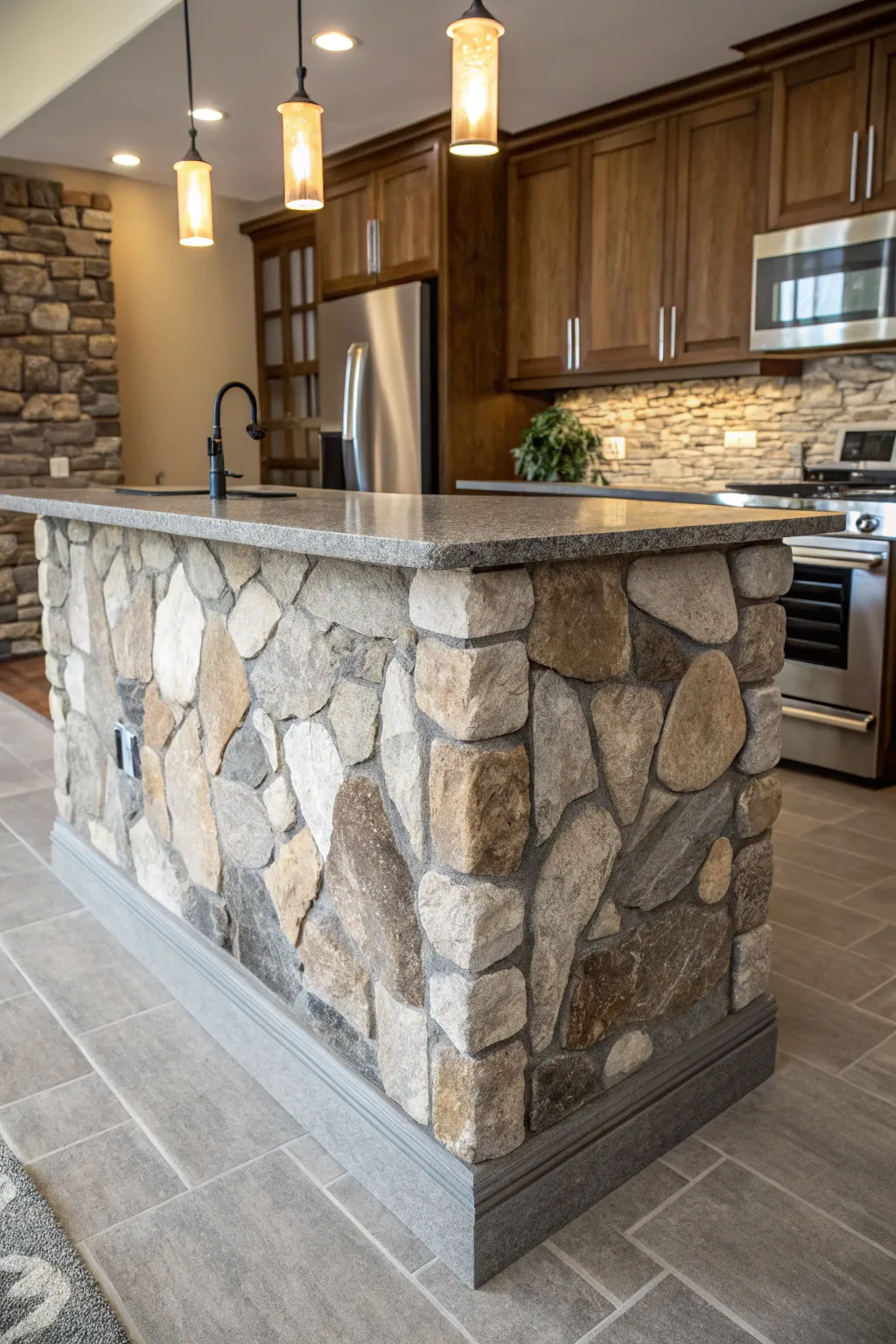 A kitchen island showcasing a mix of intriguing stone textures.