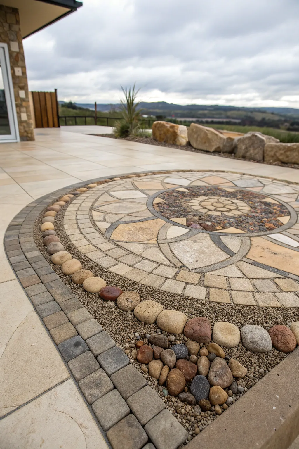 Transform your patio into a serene oasis with handcrafted stone mosaics, where natural beauty meets minimalist design.