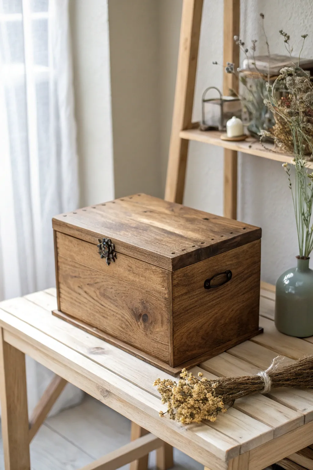 Discover the rustic charm of stained wood for an elegantly simple storage solution.