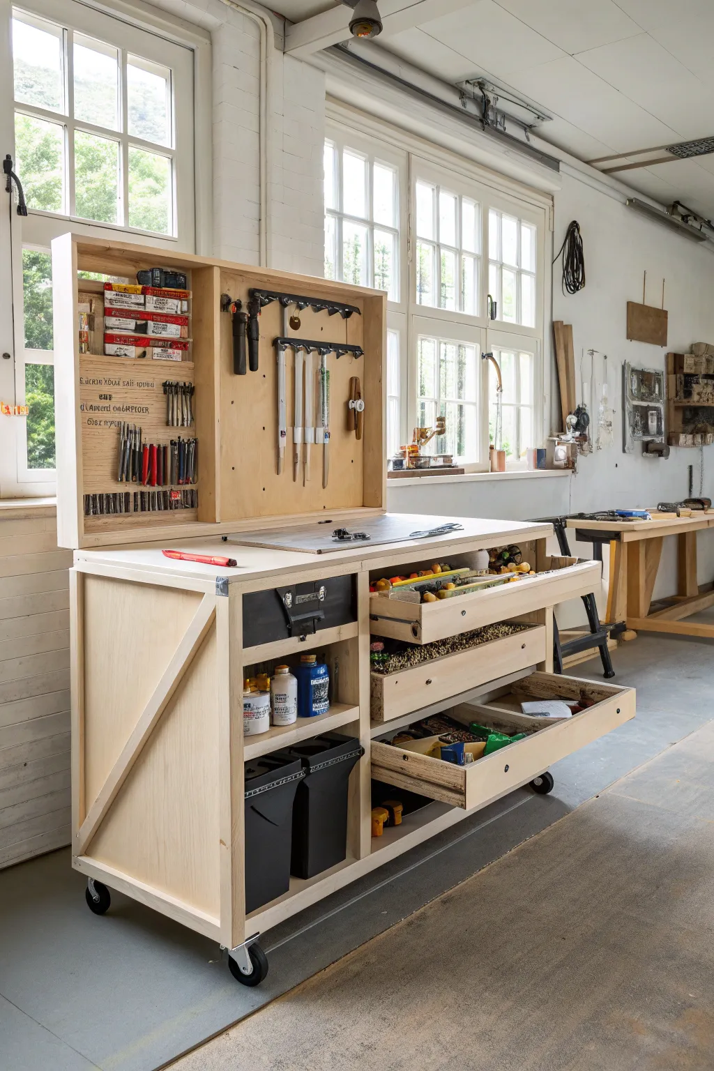 A convertible workbench maximizes space efficiency.