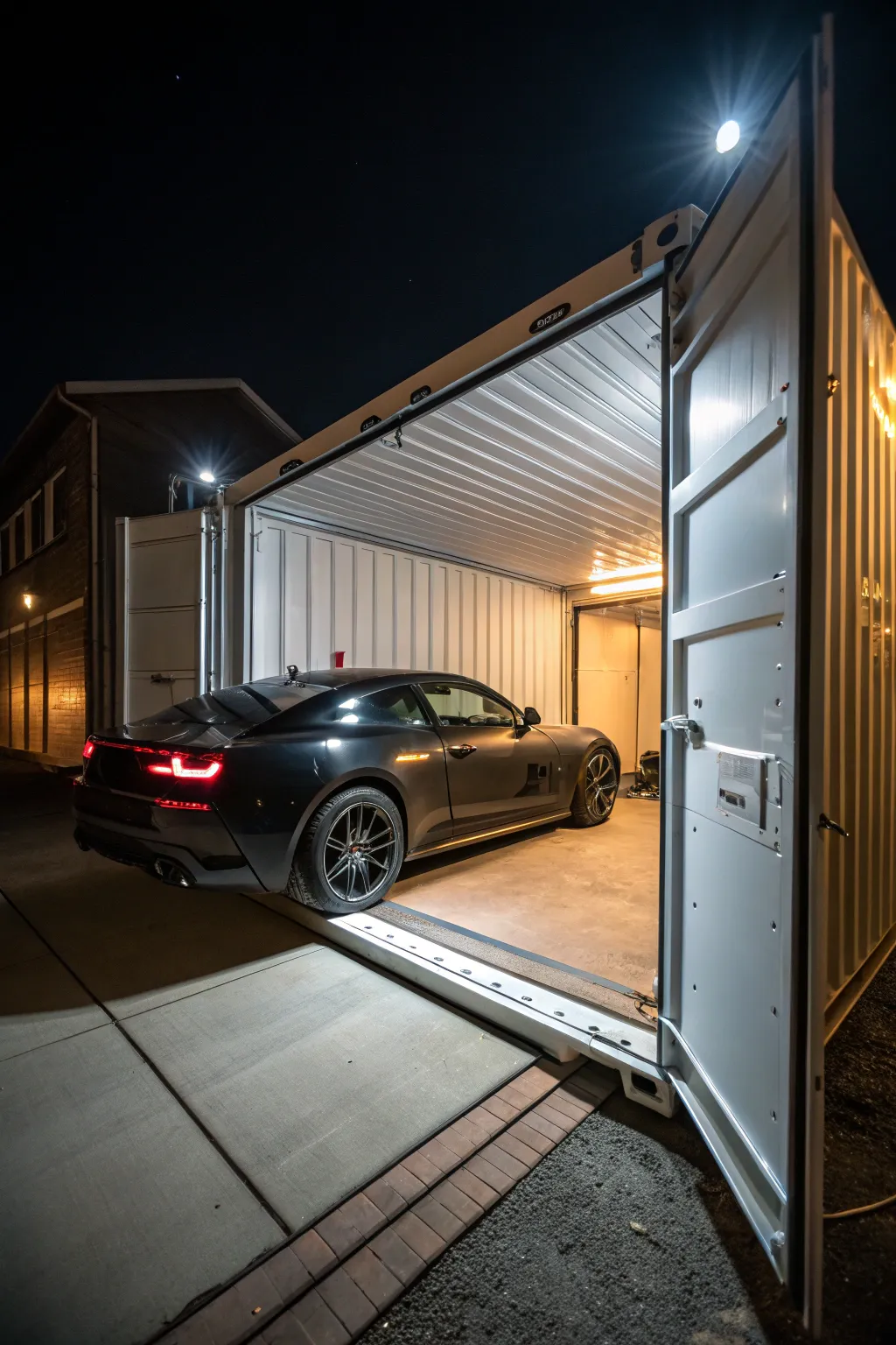 A shipping container transformed into a protective carport.