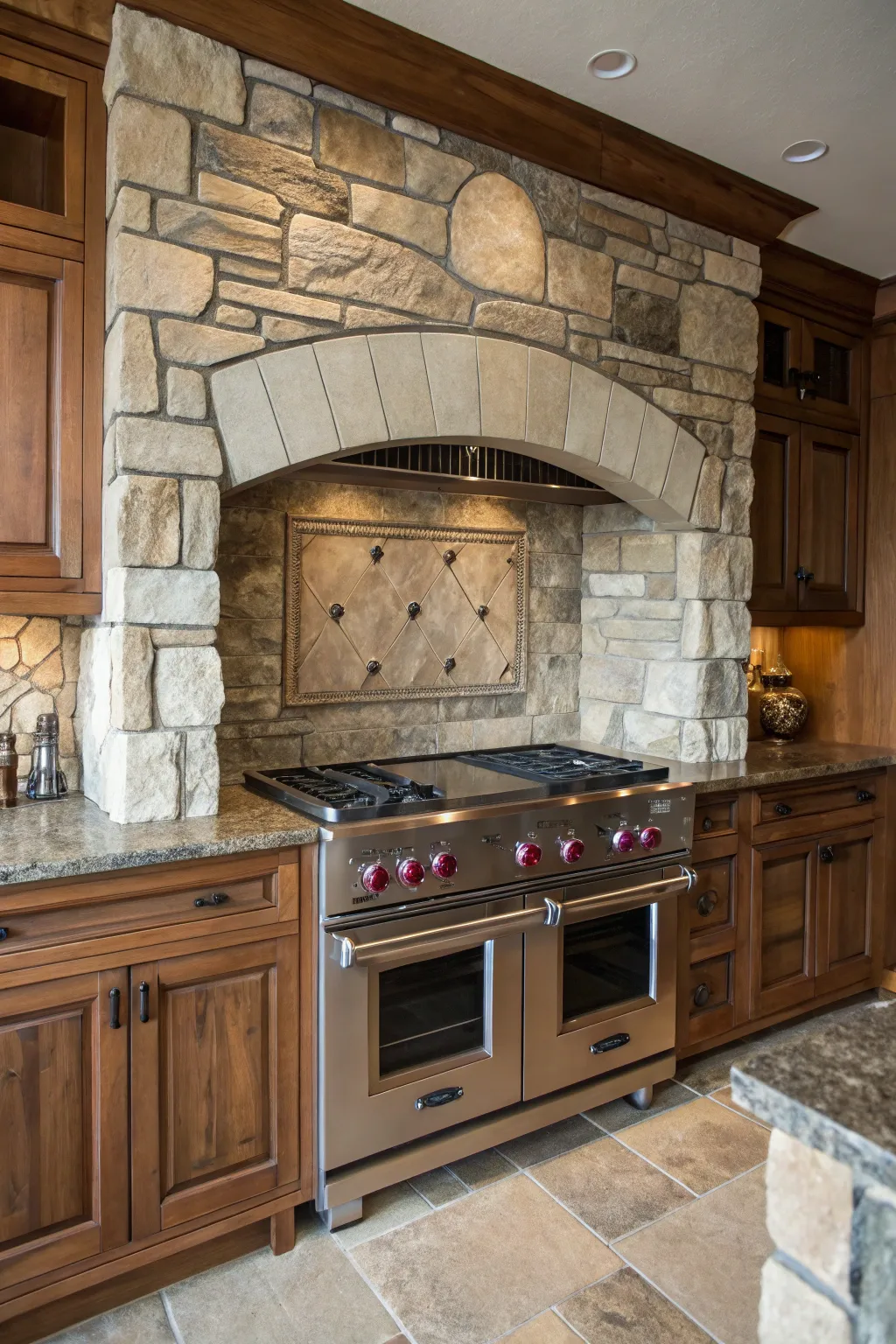 A stove alcove with mixed materials, showcasing a dynamic and textured kitchen design.