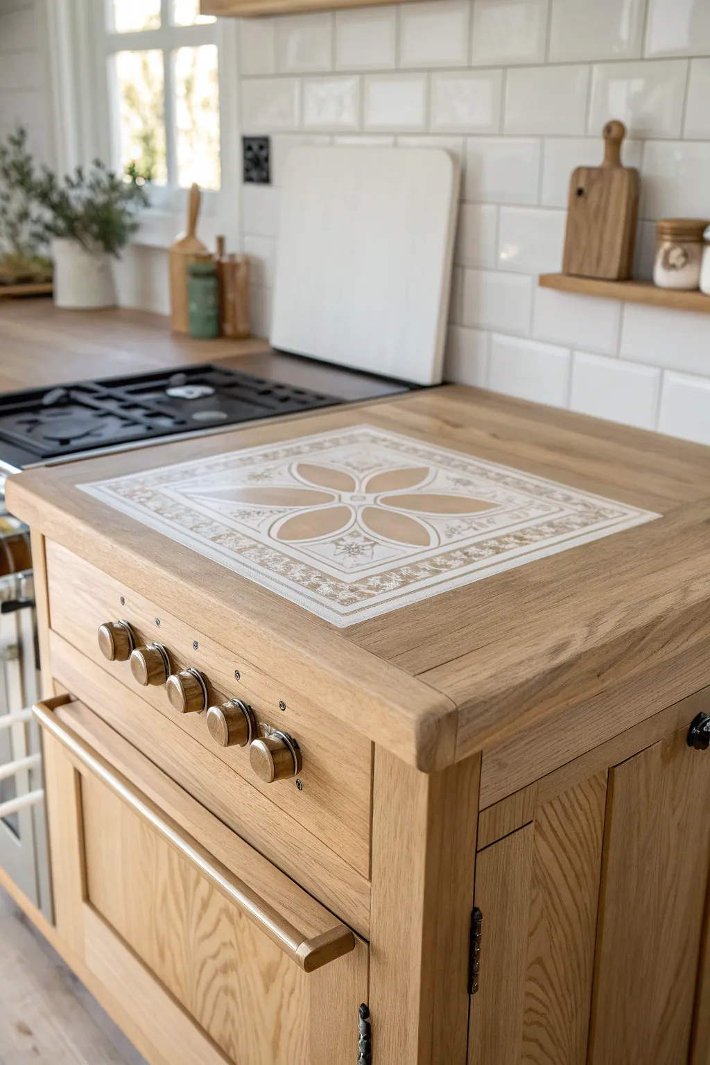 Elevate your kitchen's style with a wooden stove cover featuring a chic tile inlay for that perfect blend of minimalist and boho charm.