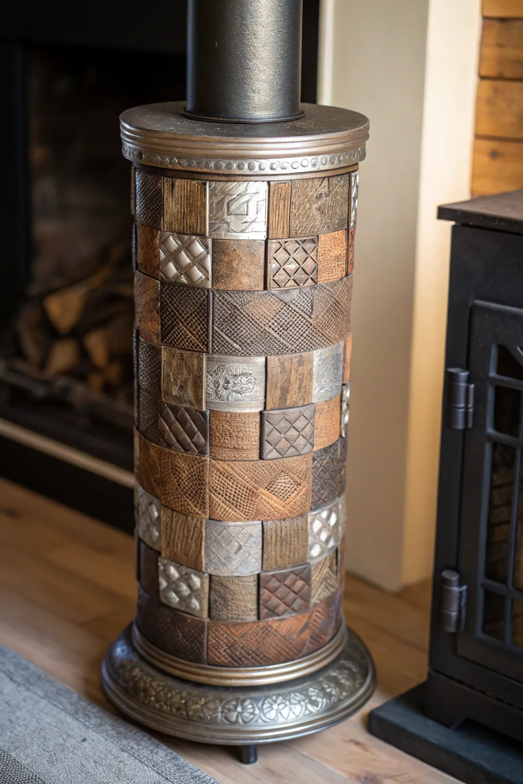 Transform your space with eco-friendly elegance: a stove pipe cover crafted from recycled tin cans.
