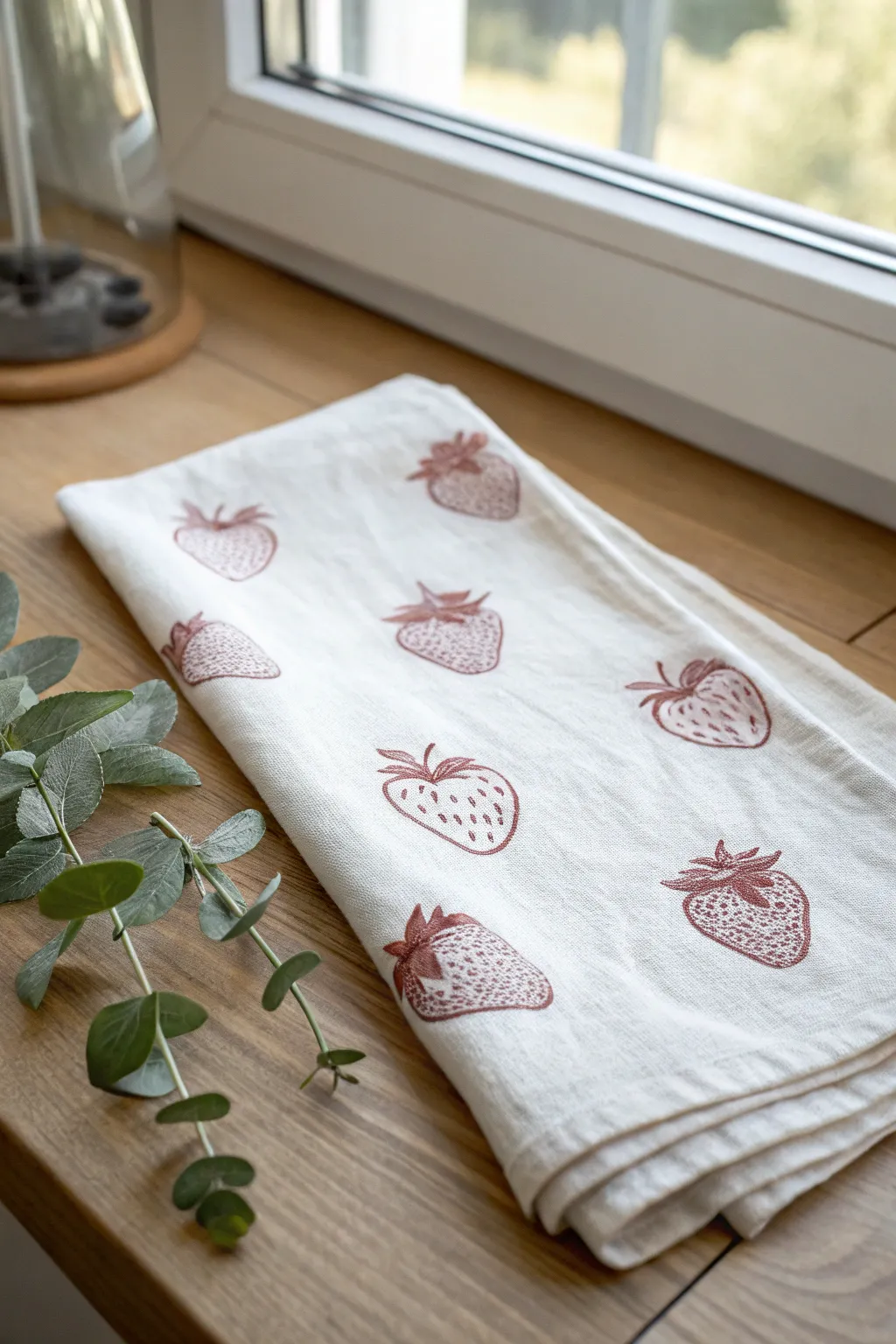 Add a touch of handcrafted charm to your kitchen with these delightful strawberry-stamped tea towels.