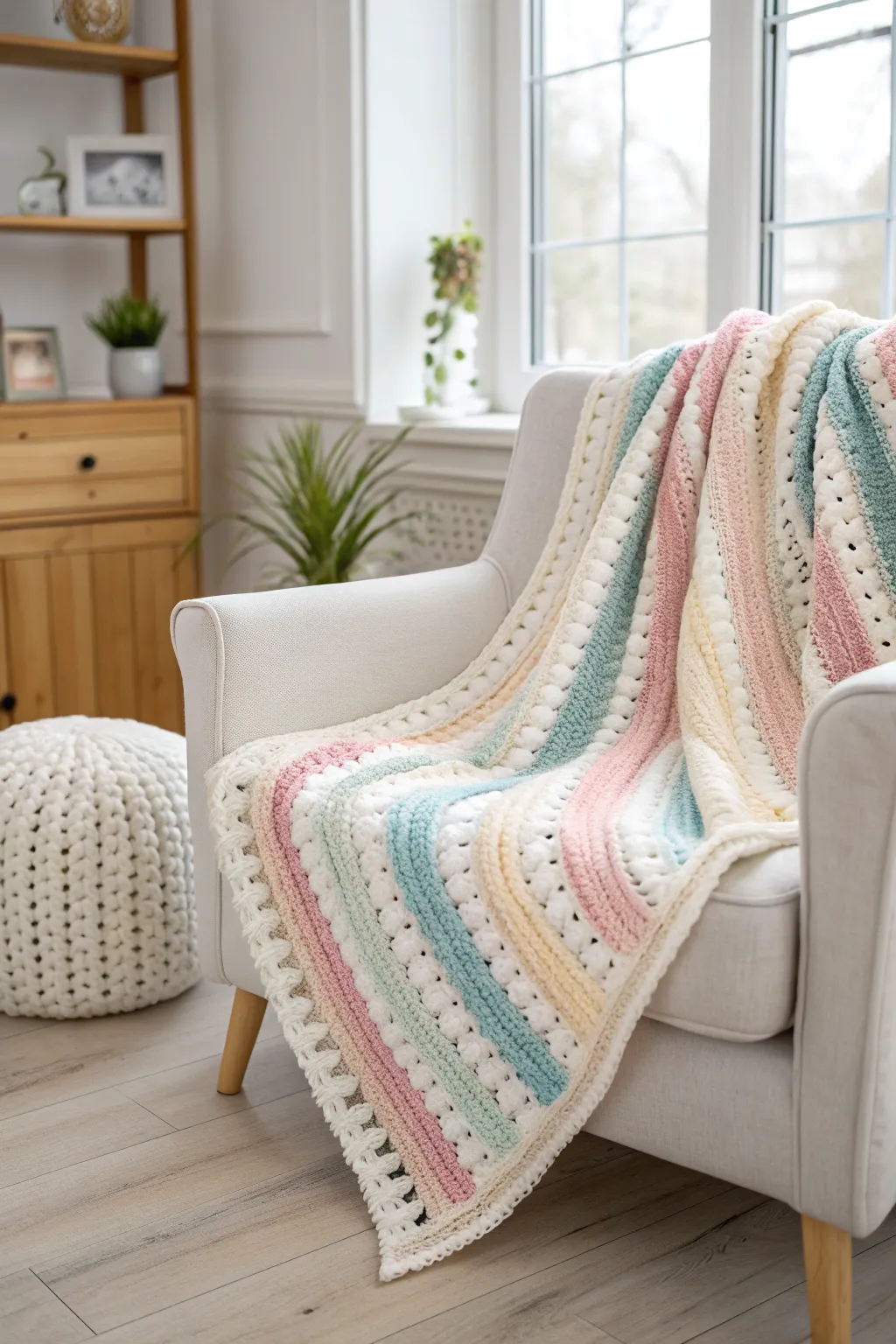 Embrace the charm of patchwork stripes with this delicate crochet masterpiece.