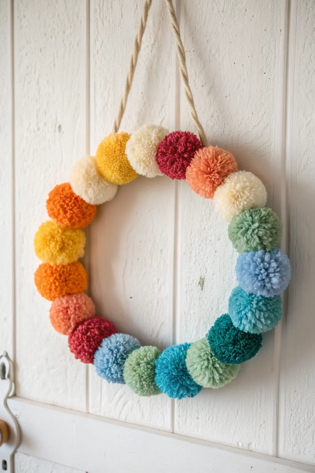 Add a splash of color and joy to your space with this DIY Rainbow Pom-Pom Wreath, perfect for a touch of minimalist whimsy.