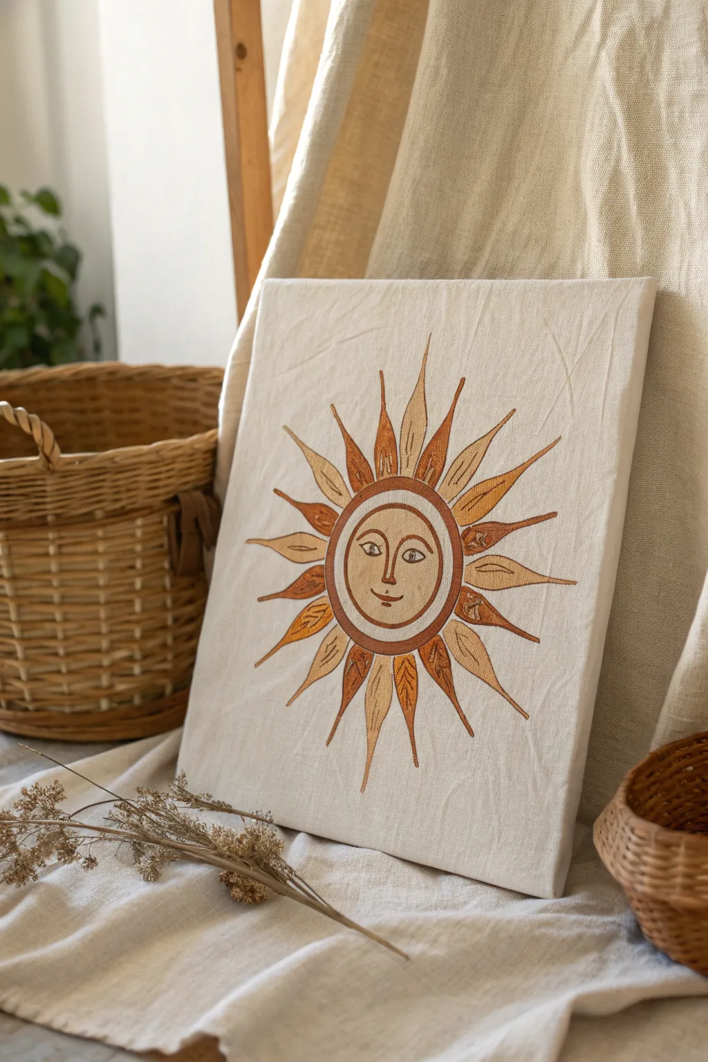 Embrace the warmth of minimalist sun art with clean lines and earthy hues.