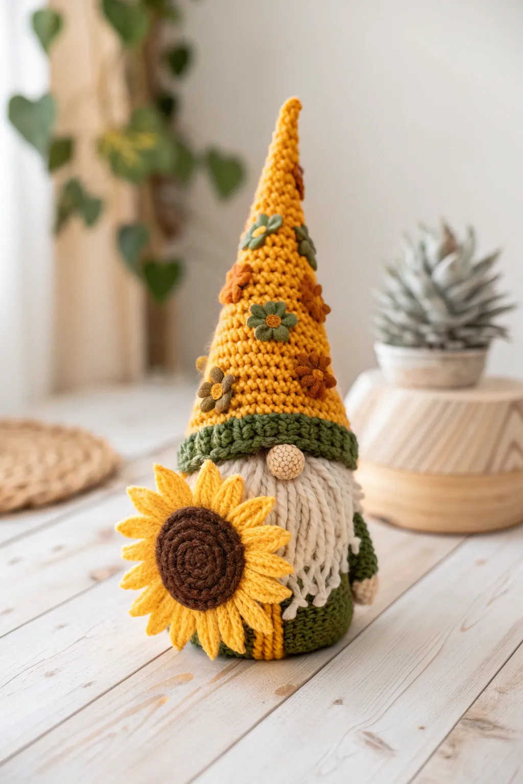 Add a touch of whimsy to your decor with this charming sunflower gnome.