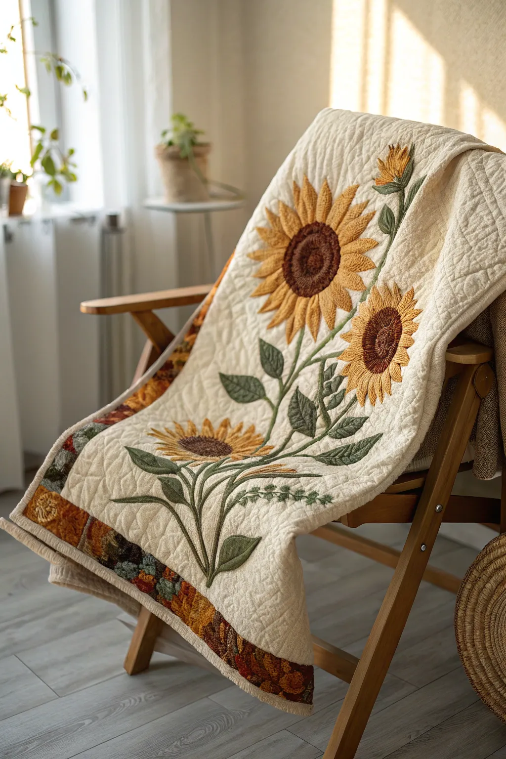 Embrace the artistry of sunflower appliqué for a quilt that radiates warmth and sophistication.