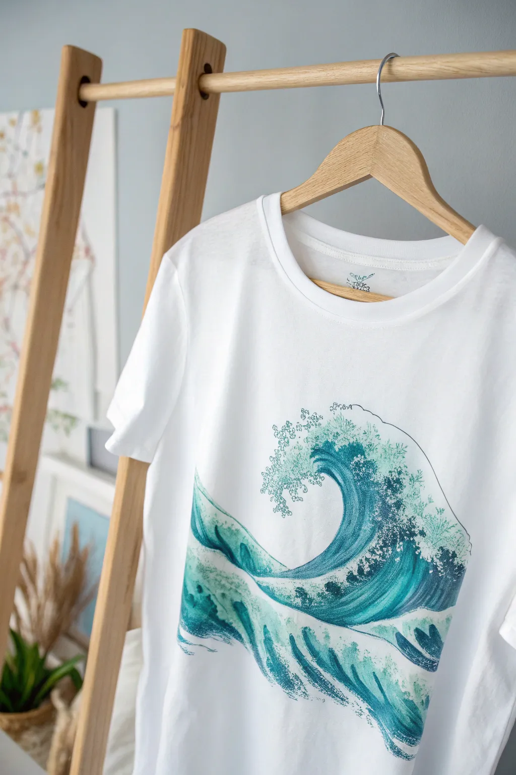 Dive into serenity with ocean-themed art on your wardrobe staple, where simplicity meets the sea.