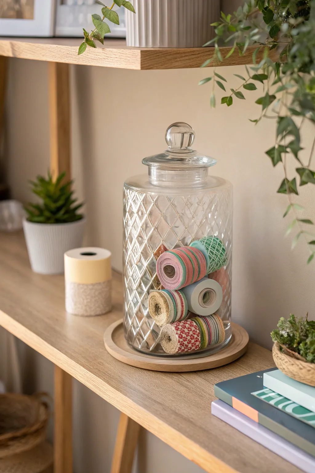 Elevate your craft space with elegant storage solutions: A decorative glass jar for a touch of charm and simplicity.