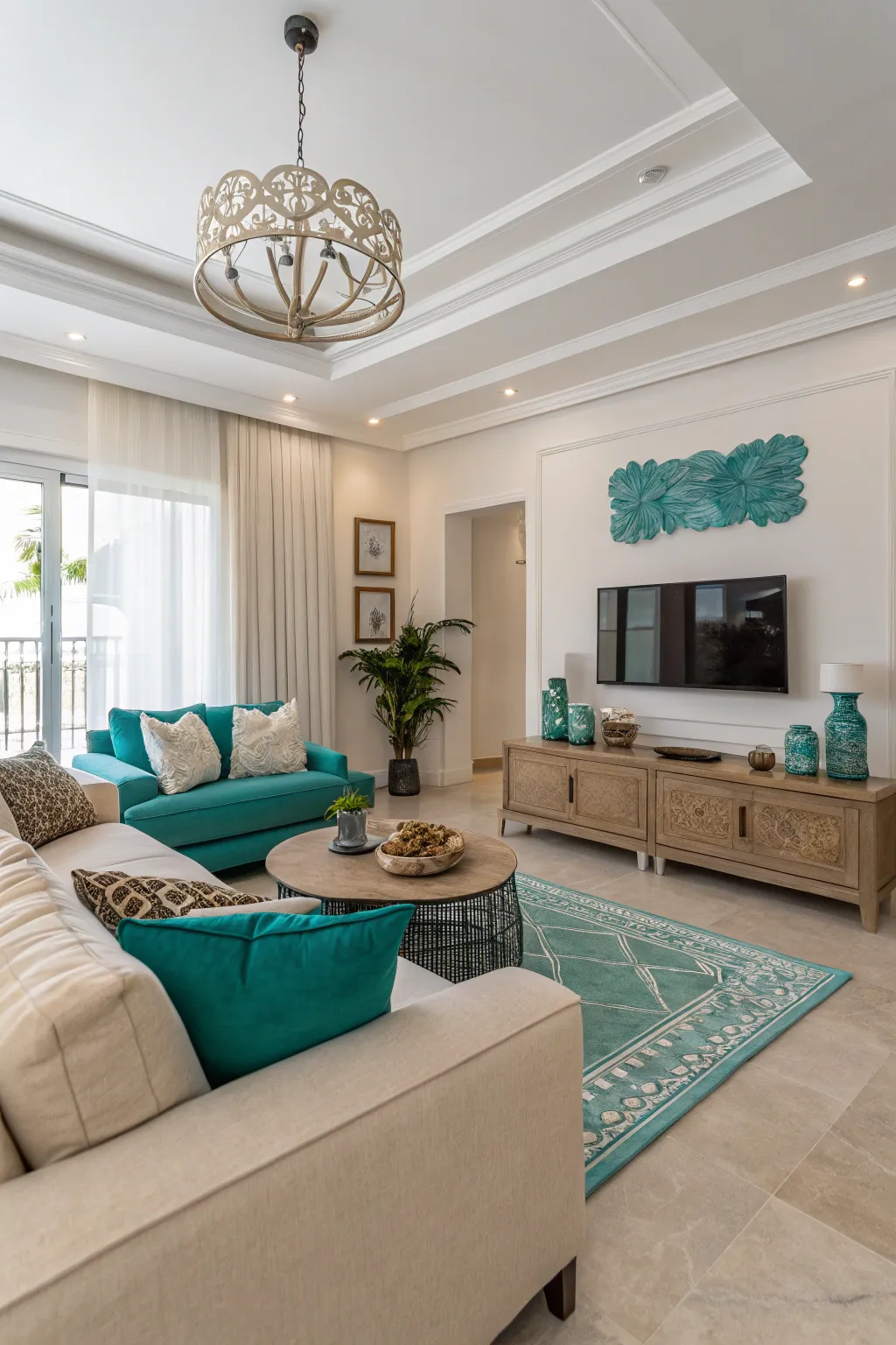 A modern aesthetic with clean lines lets teal and beige shine.
