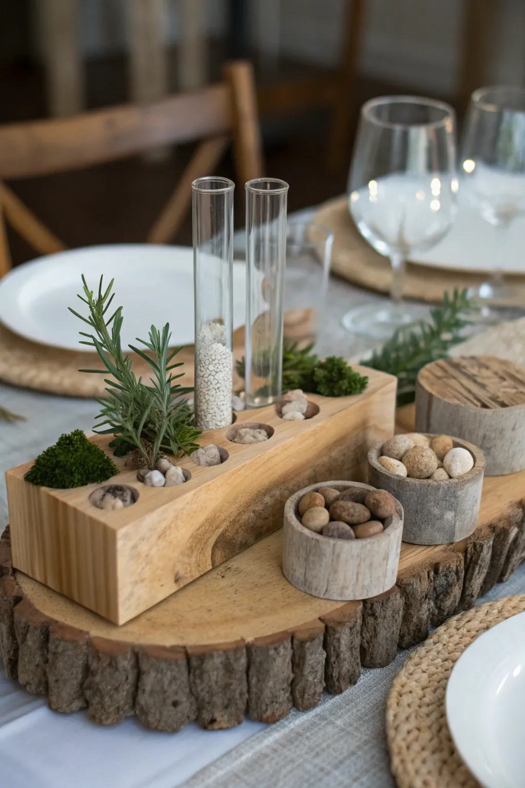 Rustic test tube centerpieces add warmth and texture to your decor.