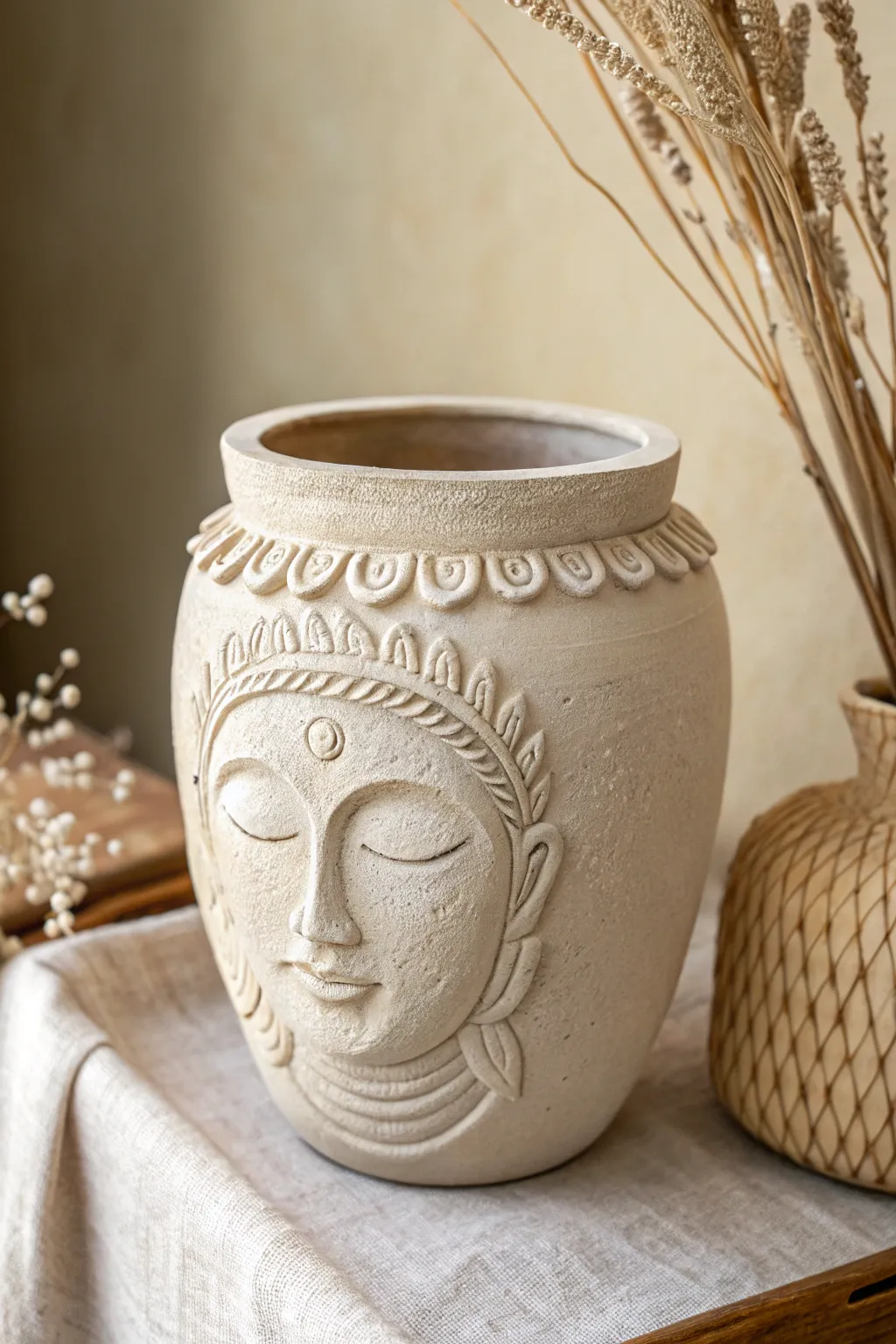 Elevate your space with artful elegance: a clay pot that tells a story through its sculpted features.