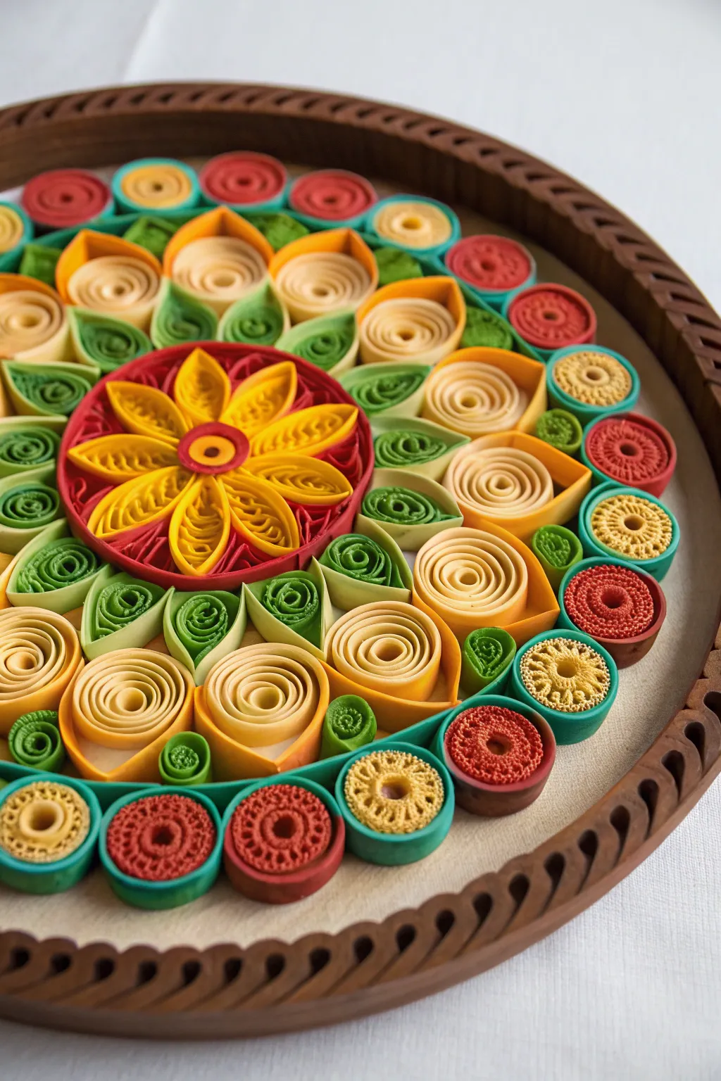 A thali featuring beautifully quilled patterns for an artistic touch.