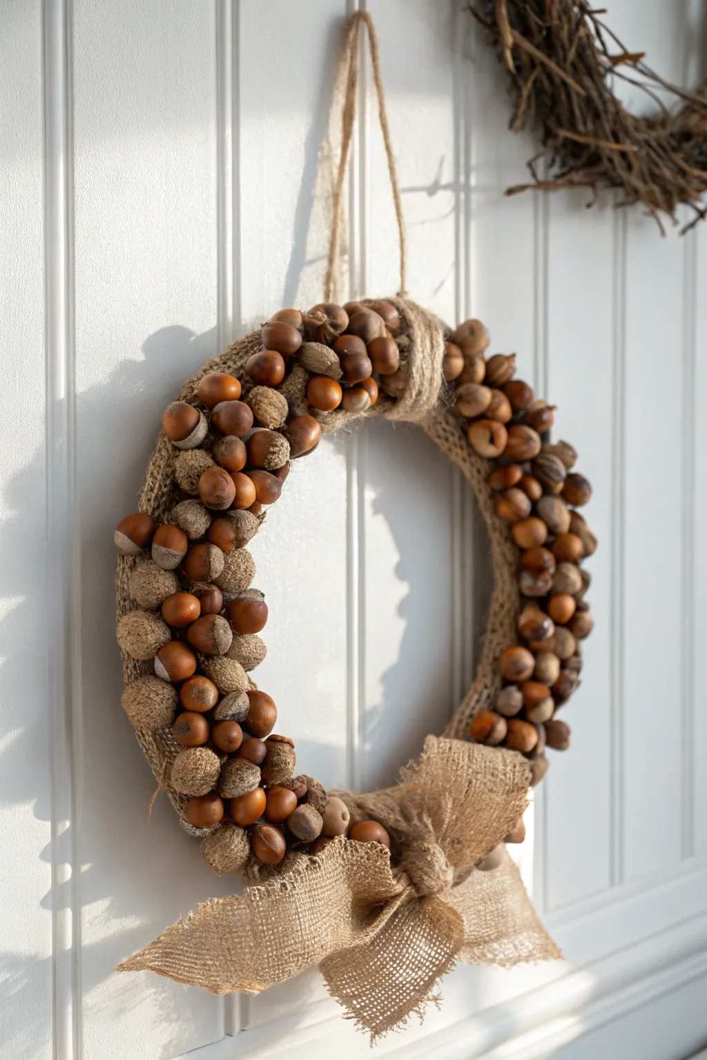 Embrace rustic elegance with this charming acorn and burlap wreath.