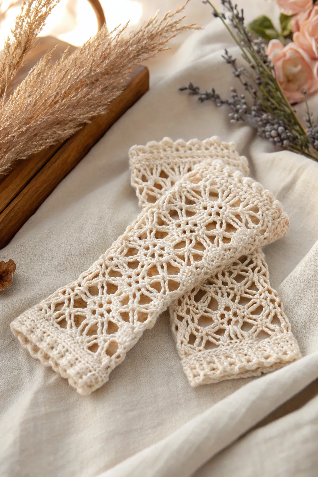 Embrace the cozy elegance of intricate crochet wrist warmers, where style meets warmth in minimalist beauty.
