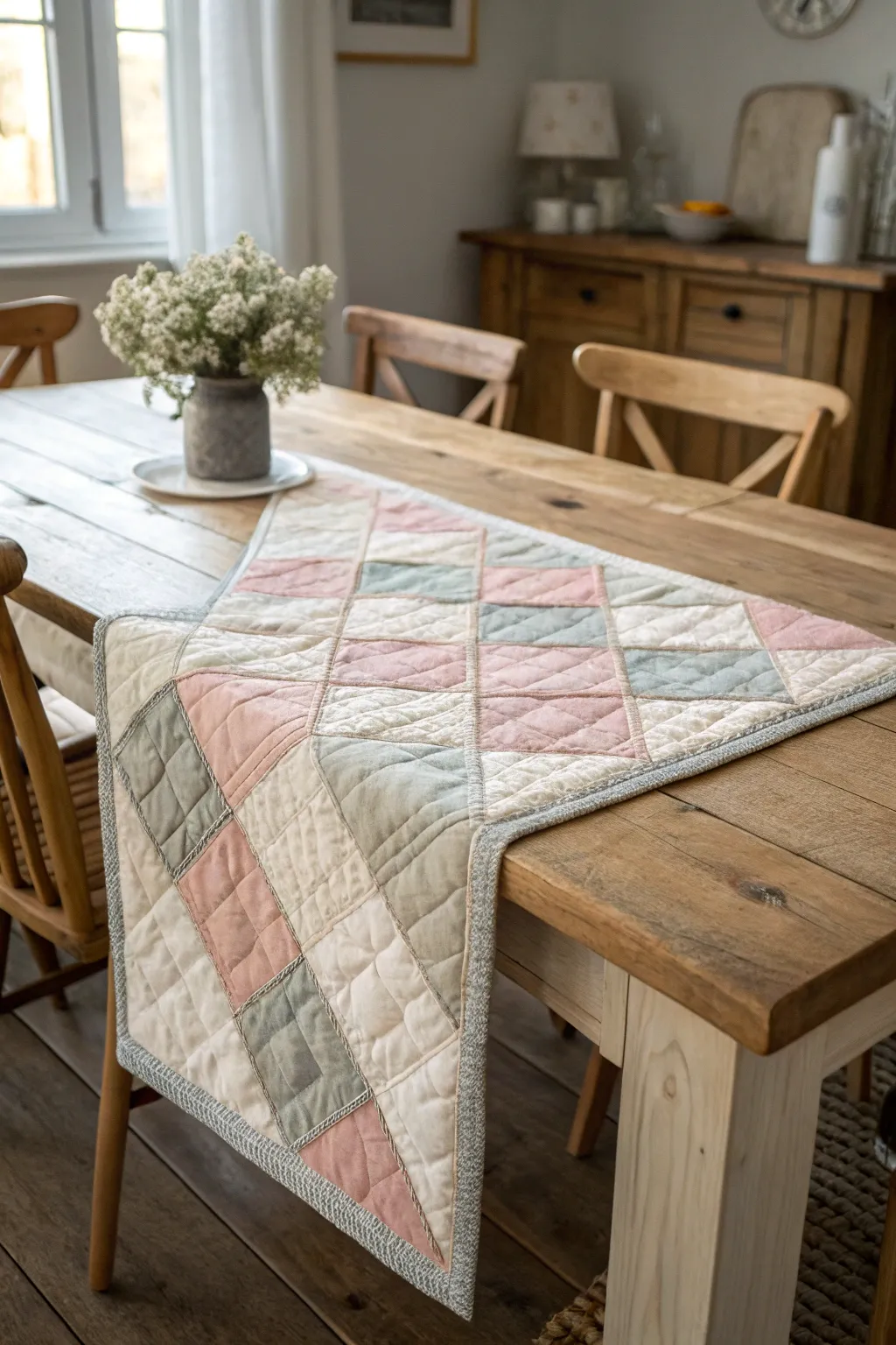 Elevate your mom's dining space with a handmade quilted table runner – the perfect blend of simplicity and elegance.