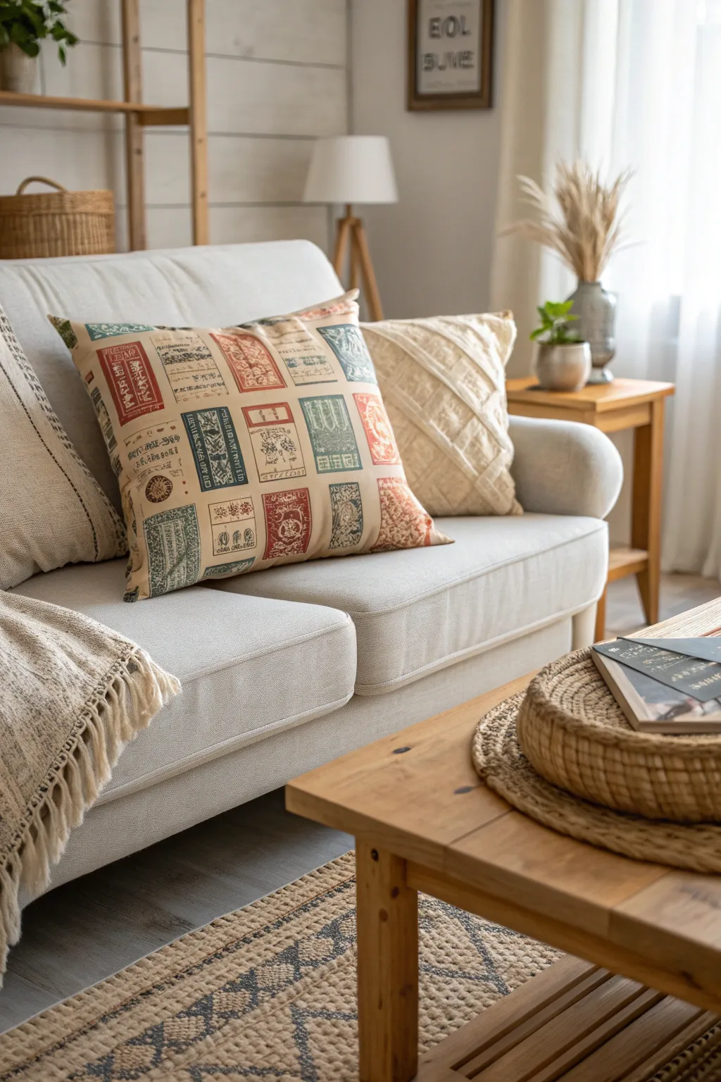 Add a whimsical touch to your home with a ticket stub pillow, blending Scandinavian simplicity with Boho charm.