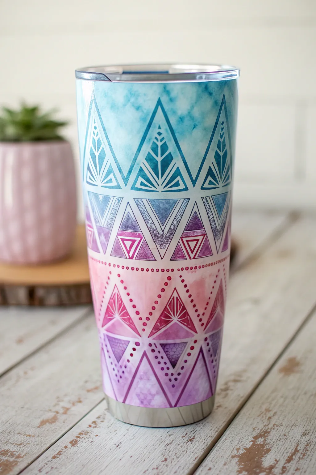 Elevate your drinkware with a chic geometric tie-dye tumbler that beautifully blends modern minimalism with bohemian charm.