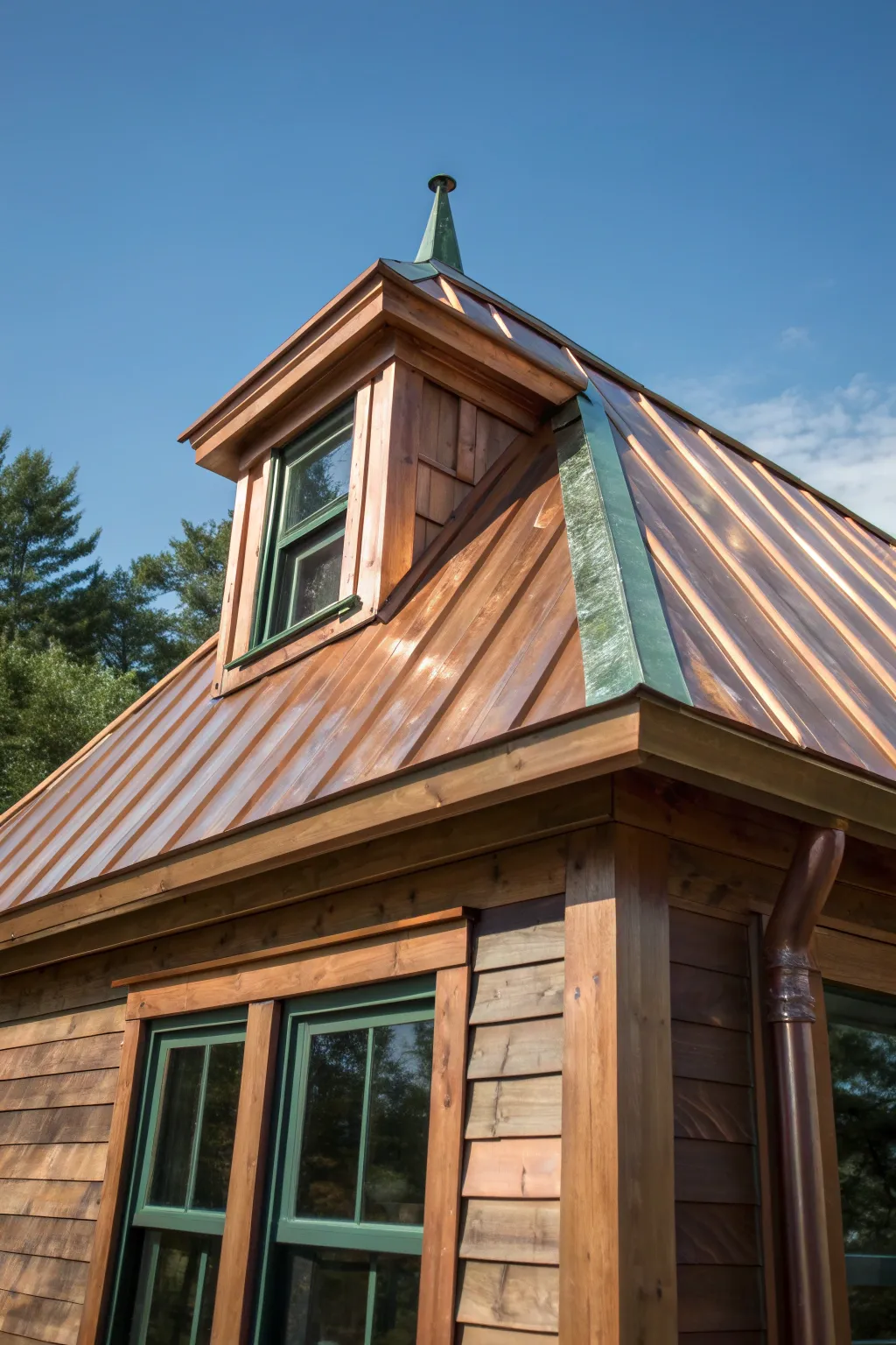 Elevate your tiny house with the timeless elegance of a copper roof, where craftsmanship meets natural beauty.