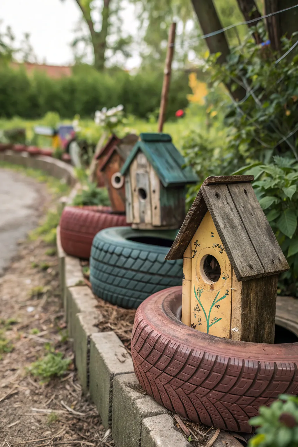 Transform your garden with a tire fence adorned with handcrafted birdhouses – a haven for creativity and wildlife.