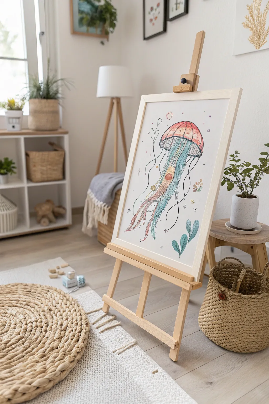 Unleash creativity with simple lines and vibrant colors: A joyful jellyfish drawing for little artists.