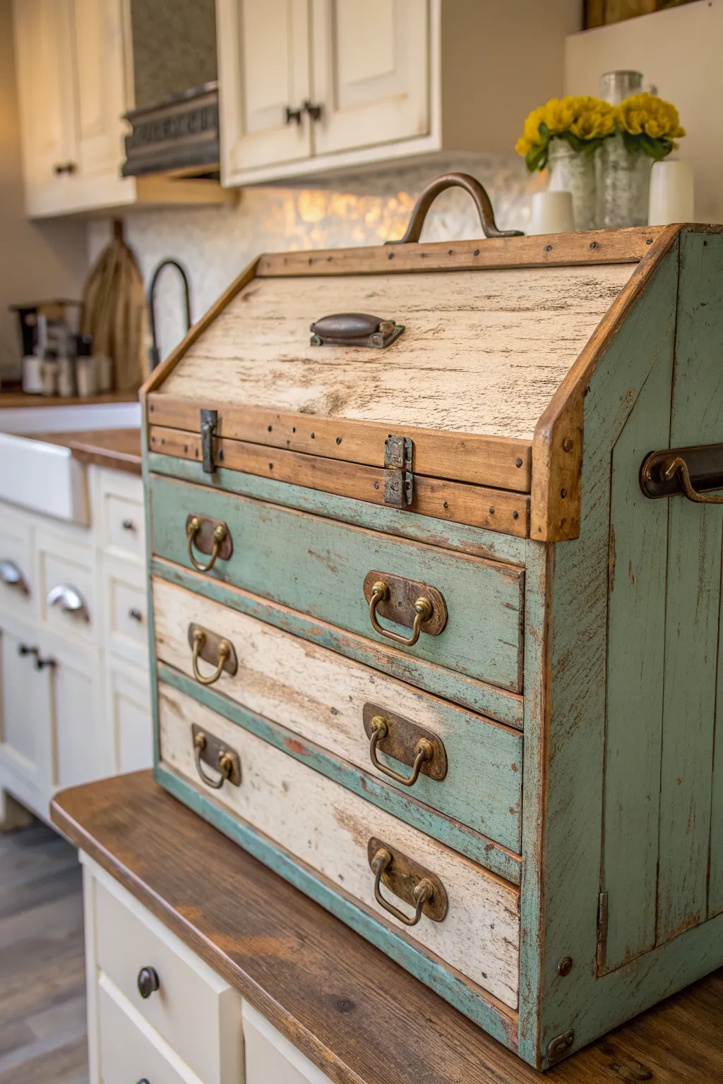 Embrace rustic charm with a beautifully distressed tool box dresser, perfect for a cozy country kitchen.