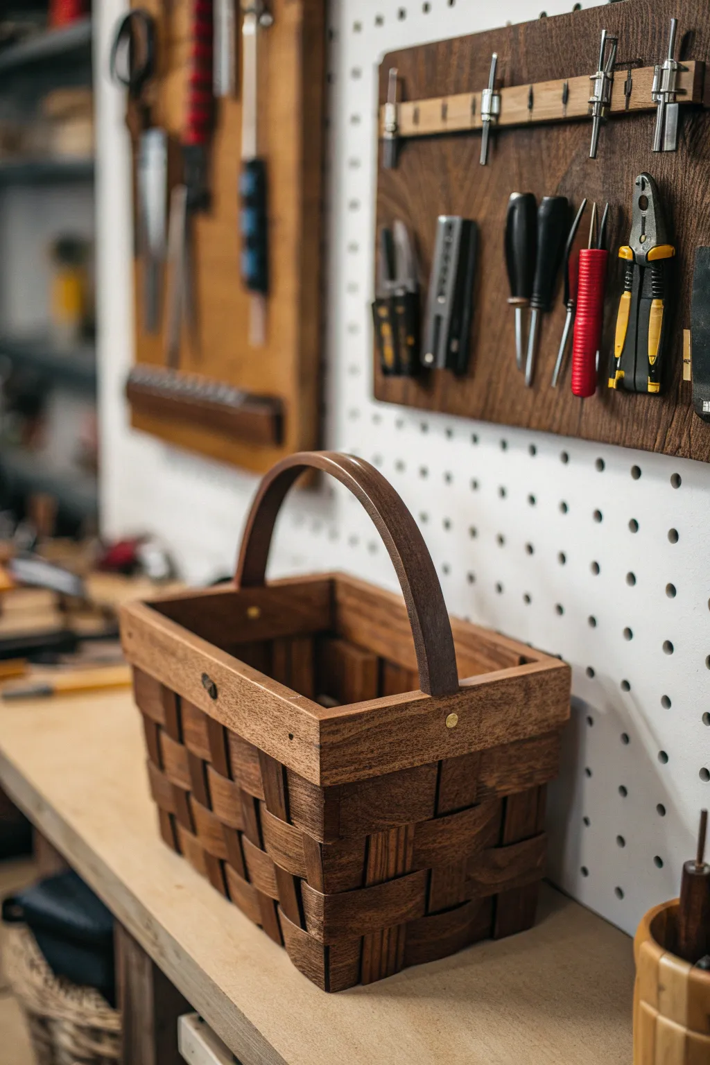 Elevate your workspace with handcrafted pegboard baskets for stylish tool organization.