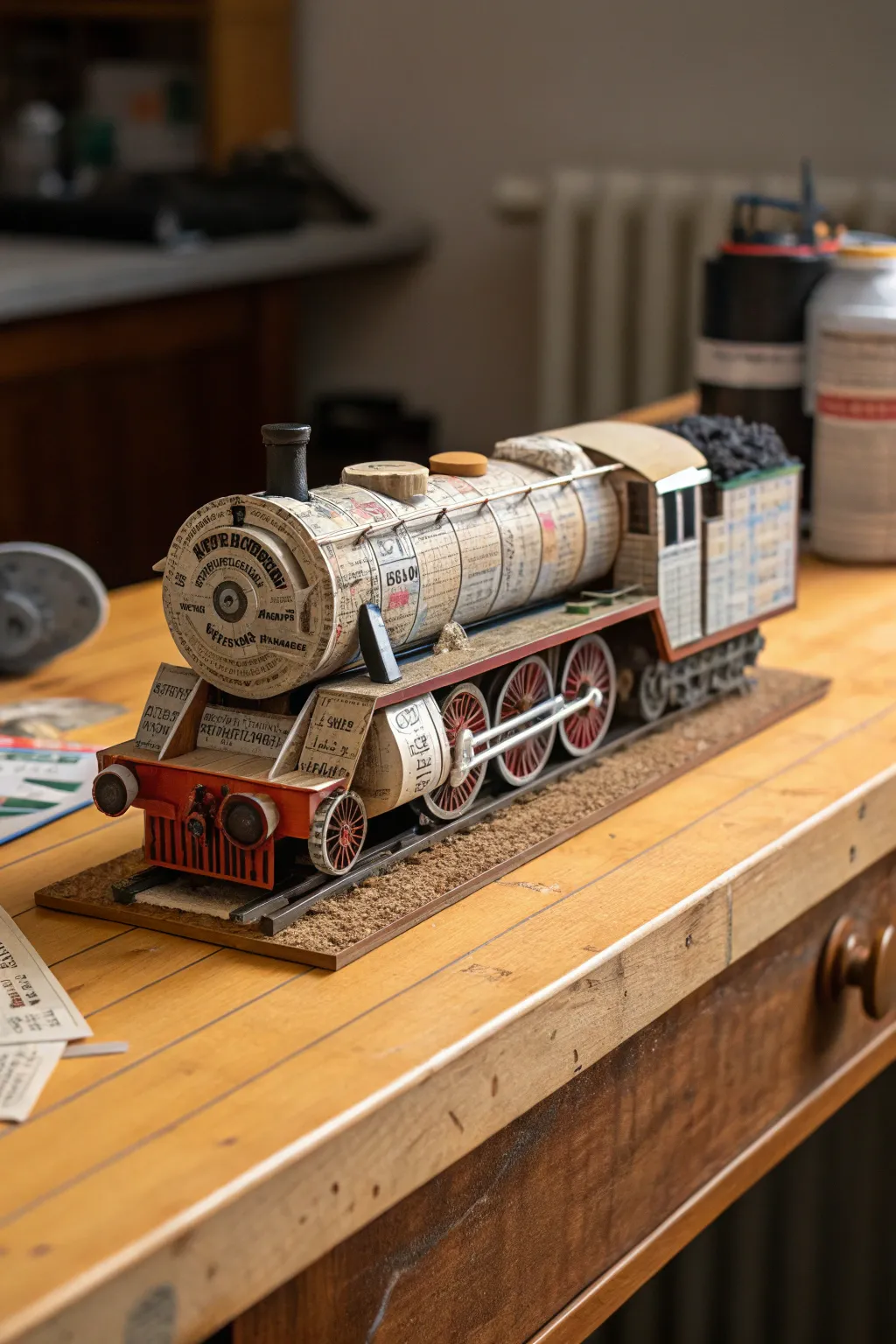 Transforming the old into timeless beauty: Upcycled train model from everyday materials.