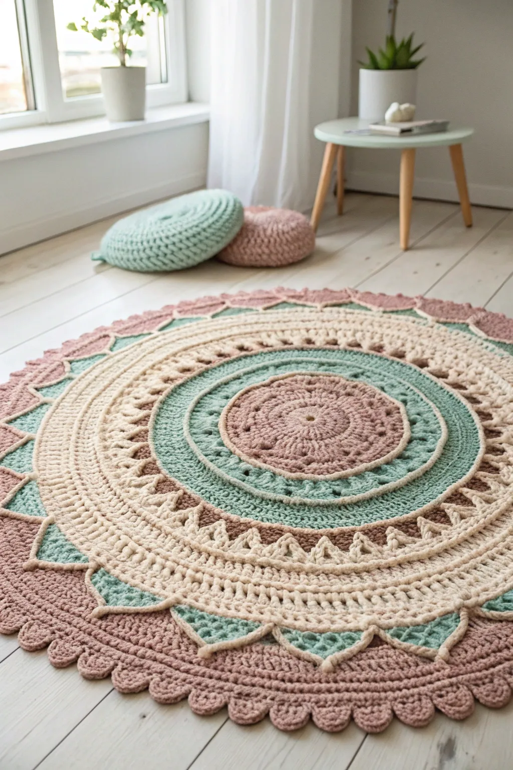 Elevate your space with the elegance and artistry of a crochet mandala rug. #CraftedBeauty #BohoChic