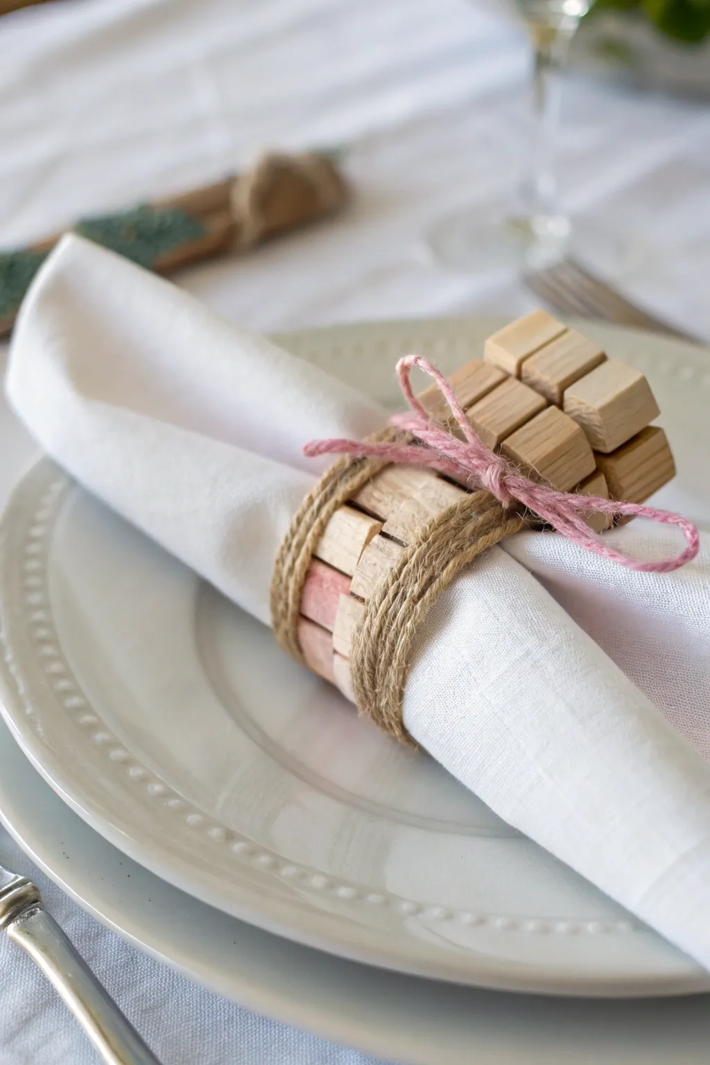Elevate your table setting with handcrafted elegance: Tumbling tower block napkin rings.